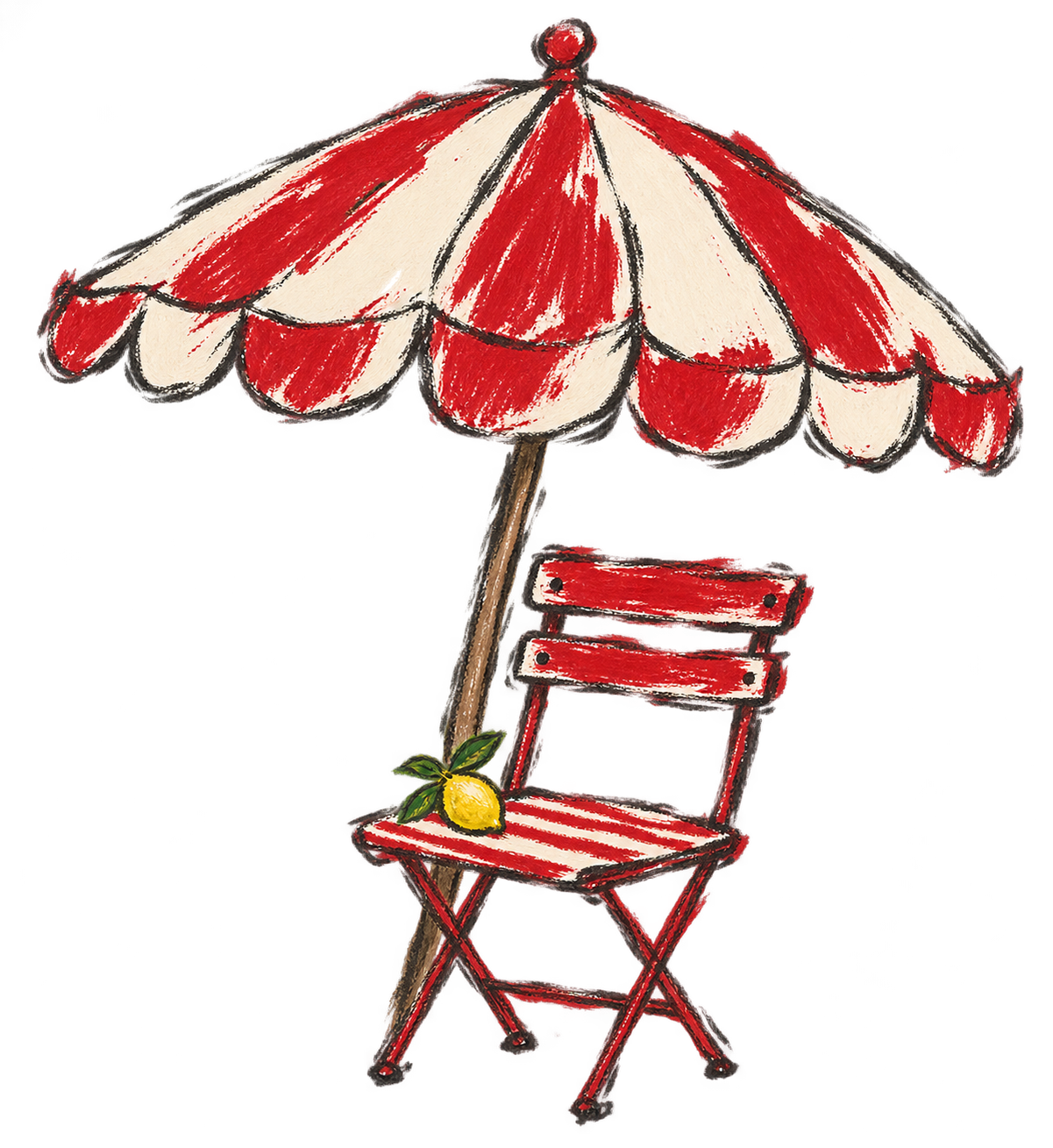 Hand-painted red and ivory parasol and café chair with a lemon