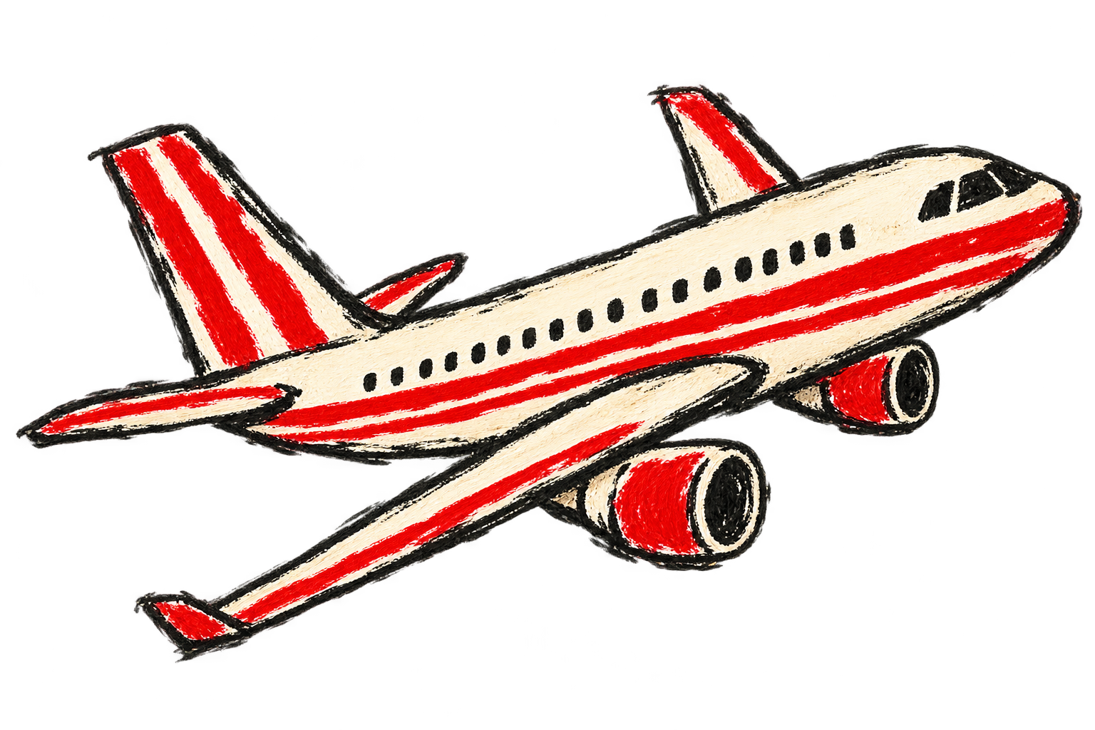 Rough hand-painted red and ivory airplane flying toward Capri